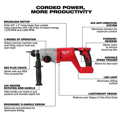 Milwaukee 2613-20 M18 18V Brushless SDS Plus D-Handle Rotary Hammer - Bare Tool