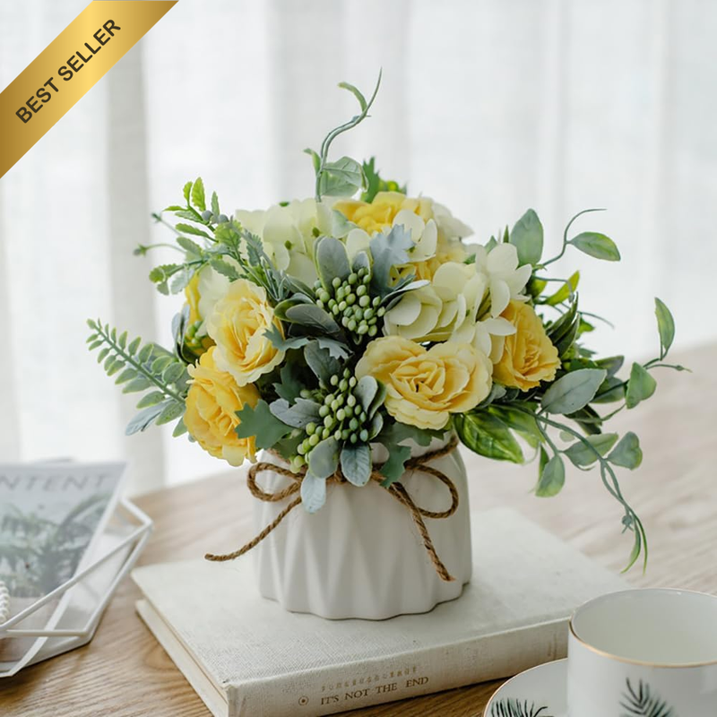 Fake Flowers with Vase, Artificial Silk Flowers in Ceramic Vase, Small Faux Flow
