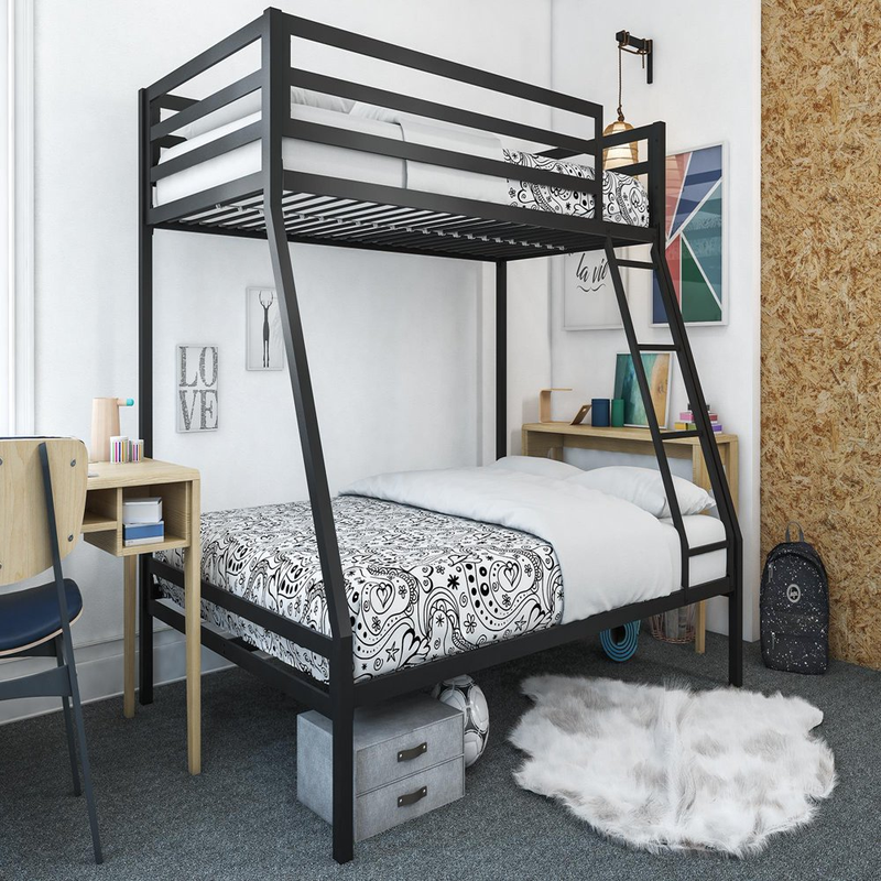 Twin over Full Bunk Bed Heavy Duty Metal Frame with Ladder and Guardrails Black