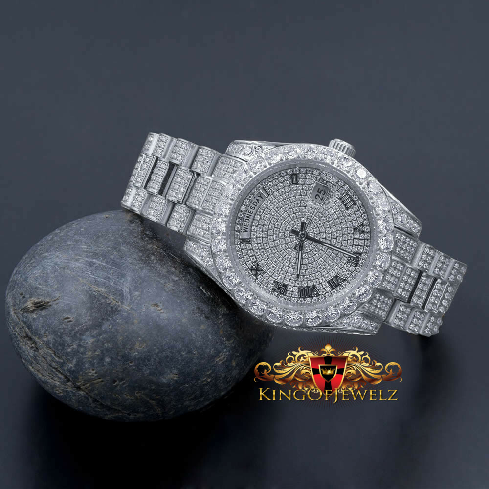 Pre-owned Bling Master 18k White Gold Finish Solid Stainless Steel Day Date Roman Dial Solitaire Bezel