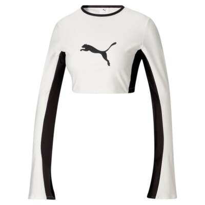 

Puma Lqs X Укороченная футболка с круглым вырезом и длинным рукавом Женские белые повседневные топы 536378, Белый