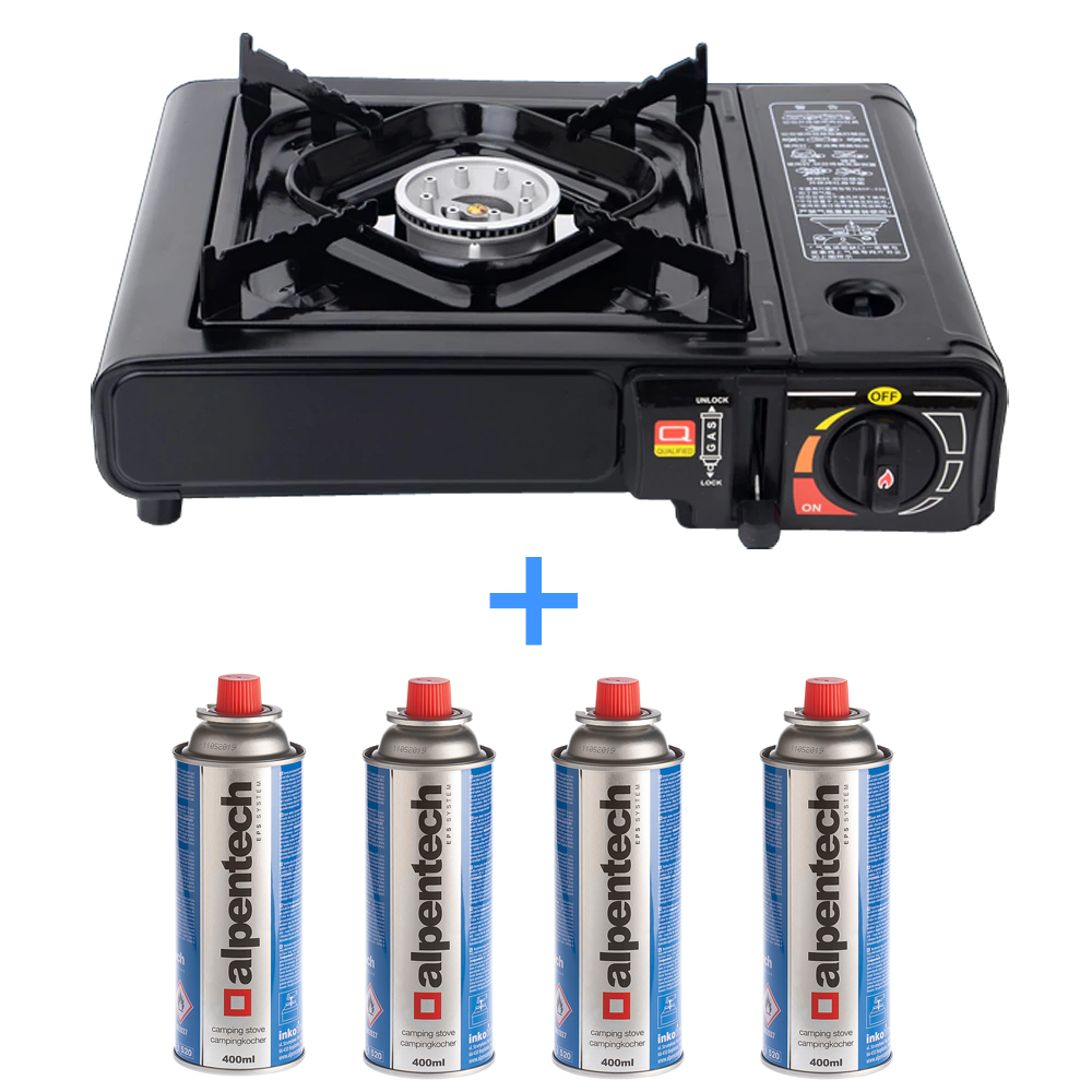 Campingkocher Outdoor Camping Gas Kocher Herd + 4x Gaskartuschen 227g Schwarz