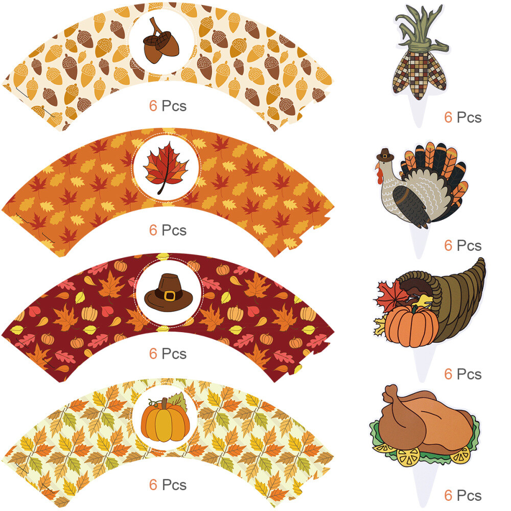 Tinksky 48pcs Unique Design Thanksgiving Cupcake Toppers Cake