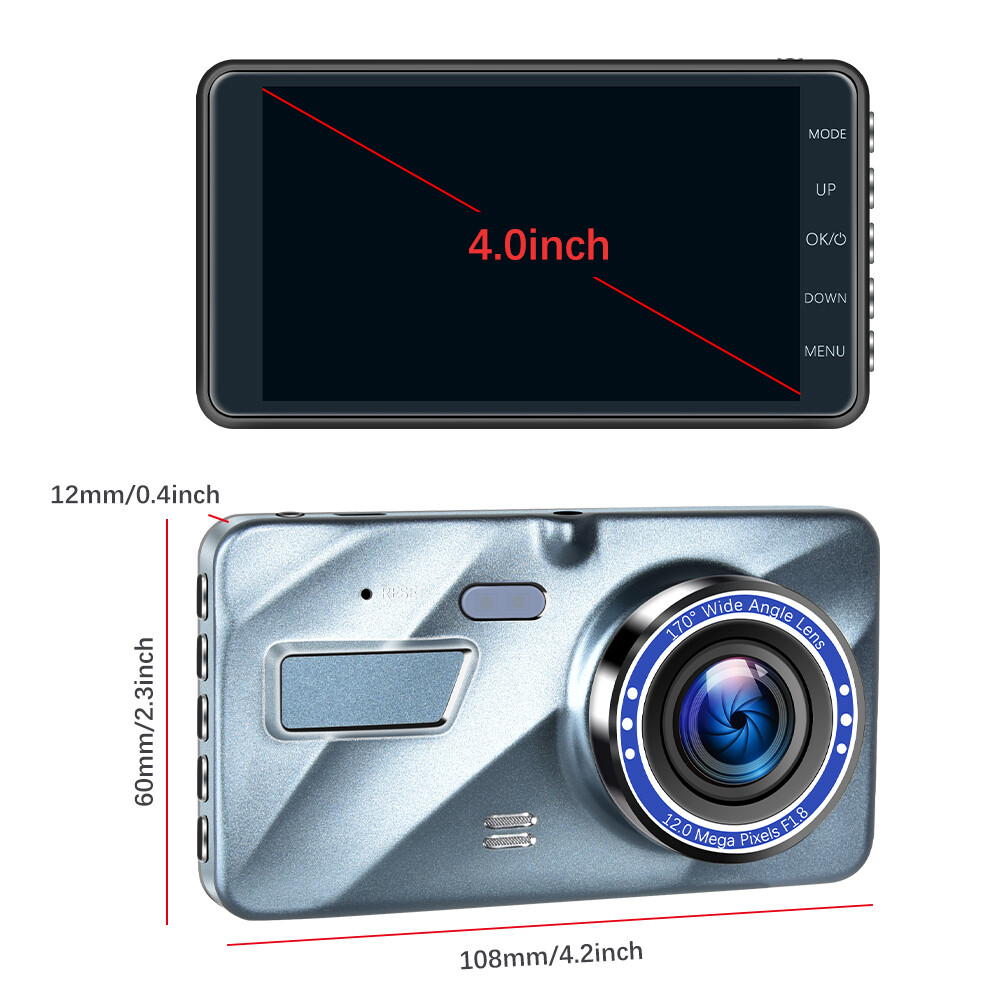 12V Dash Cam 4" Screen 1080P Dual Lens Car DVR Recorder Front and Rear Camera