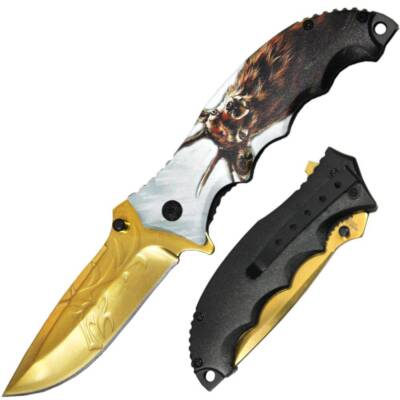 4.5'' Deer Wildlife Handle Gold Blade Assist-Open Folding Knife