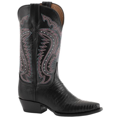 Pre-owned Ferrini Teju Lizard Embroidered Snip Toe Cowboy Womens Black Dress Boots 81161-