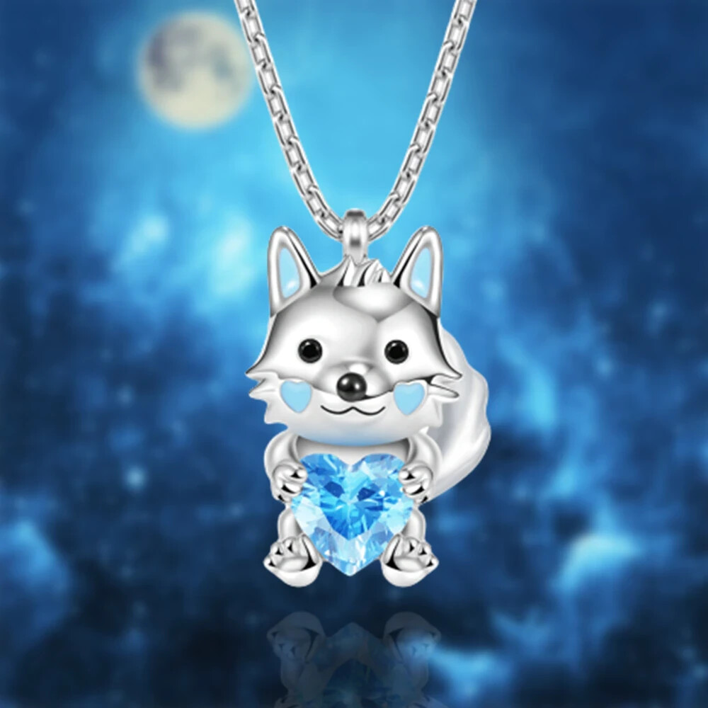 Cute Arctic Wolf Heart Blue Crystal Pendant Necklace for