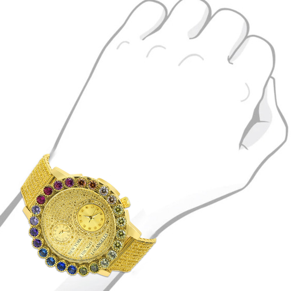 Pre-owned Ice Master Canary Gold Solitaire Diamond Dial 2 Time Zone Chronograph Rainbow Multi Watch