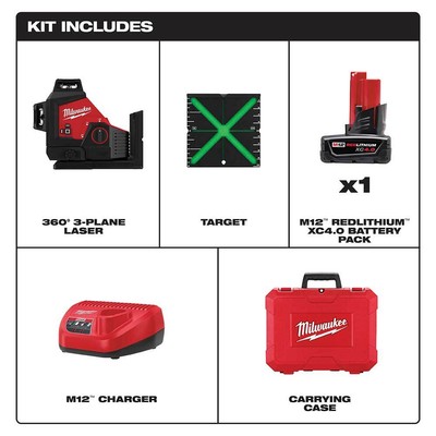 Milwaukee 3632-21 M12 12V Lithium-Ion Cordless Green 3-Plane Laser Level Kit
