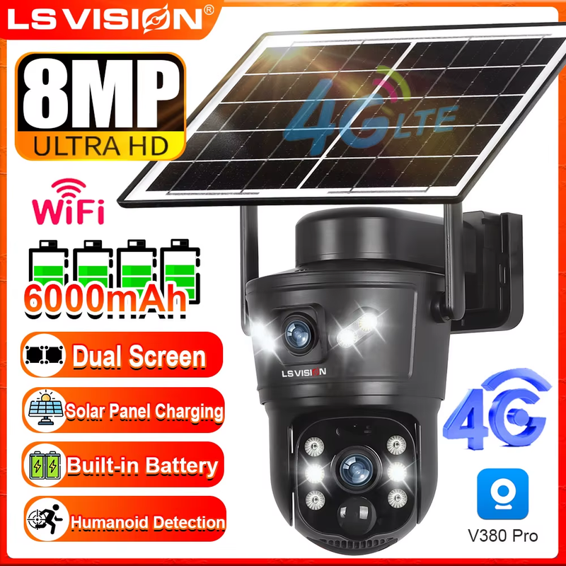4G/WiFi Solar Camera 8MP Dual Lens Outdoor Wireless Surveillance Camera Night Vi