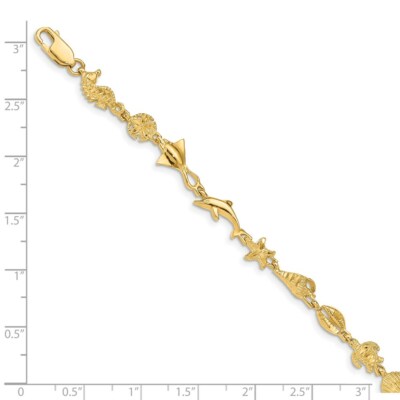 Pre-owned Superdealsforeverything Real 14kt Yellow Gold Polished And Textured Ocean Motif 7 Inch Chain Bracelet