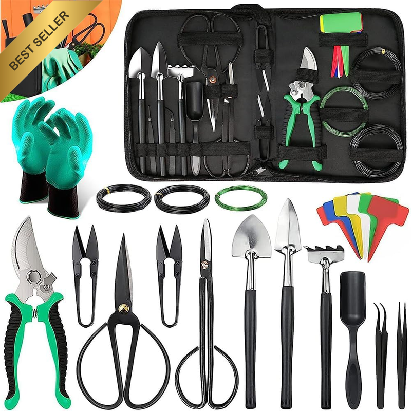 Gardening Bonsai Tools Set, 24 PCS Carbon Steel Bonsai Tree Kit Tools for Beginn