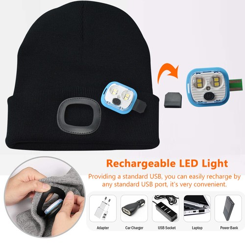 Unisex Rechargeable LED Beanie Hat Knit Winter Light Up Headlamp Cap USB Warm
