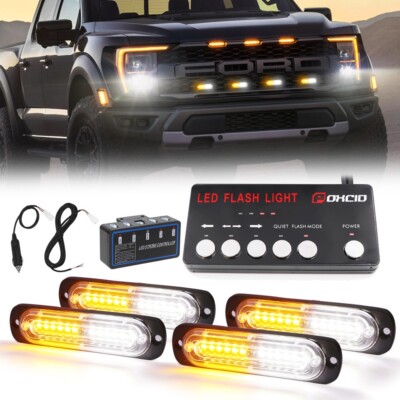 4X LED Flashing Strobe Light Grille Light Head Amber/White For Tow Truck Trailer