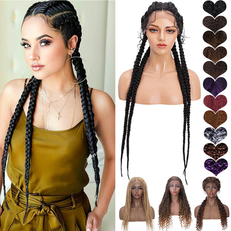 Long Ombre Brown Lace Dutch Front Crochet Jumbo Braided Wigs Synthetic Hair Wig
