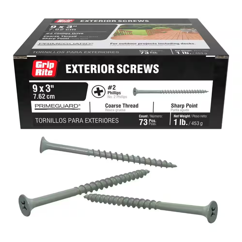 Grip Rite #9 x 3 Inch Exterior Wood Screws Phillips Bugle Head Coated 1 Lb 73Ct
