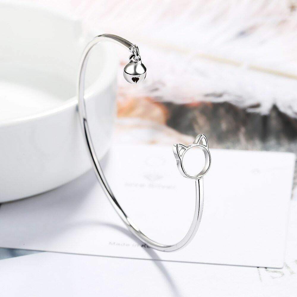 Retro Elegant 925 Sterling Silver Cuff Bange Vintage Cat Bell Women Bracelet New