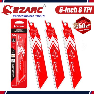 3-Pack 6in EZARC Carbide Reciprocating Saw Blade R678HM Endurance for Metal 8TPI