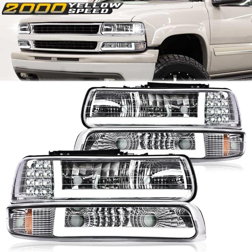 Fit For 99-02 Chevy Silverado/00-06 Suburban Tahoe LED BAR DRL Chrome Headlights