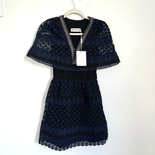Pre-owned Self-portrait Self Portrait Guipure Cape Lace Dress In Blue In Multicolor