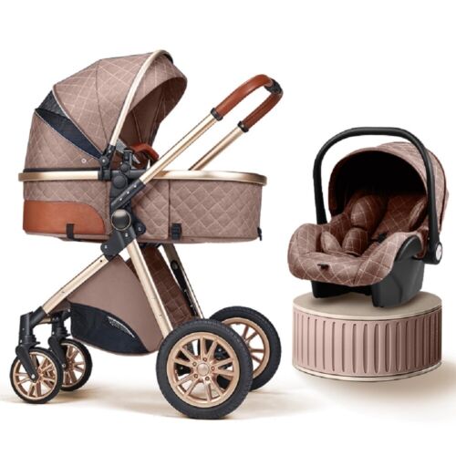 Baby Stroller Carriage Foldable Luxury Pushchair High View Pram Car Seat, Khaki