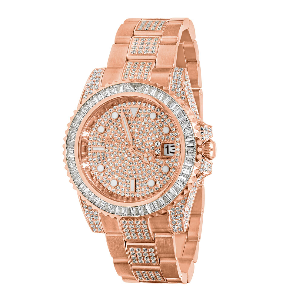 Pre-owned Bling Master 18k Solid Steel Rose Gold 2 Tone Baguette Simulated Diamond W/date 40mm Watch