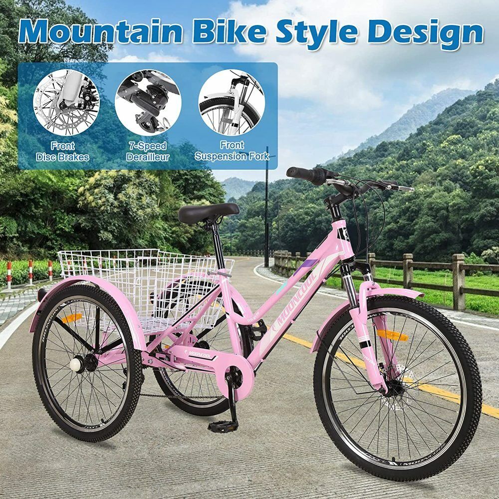 Bicycle for Sale: Adults 26'' Mountain Bike 7 Speed 3 Wheel Mountain Tricycle Cruiser Trike&Basket in Los Angeles, California