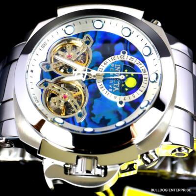 Pre-owned Invicta Man Of War Double Open Heart Automatic Moon Blue Abalone Watch