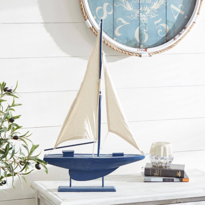 Dark Blue Wood Sail Boat Sculpture with Lifelike Rigging