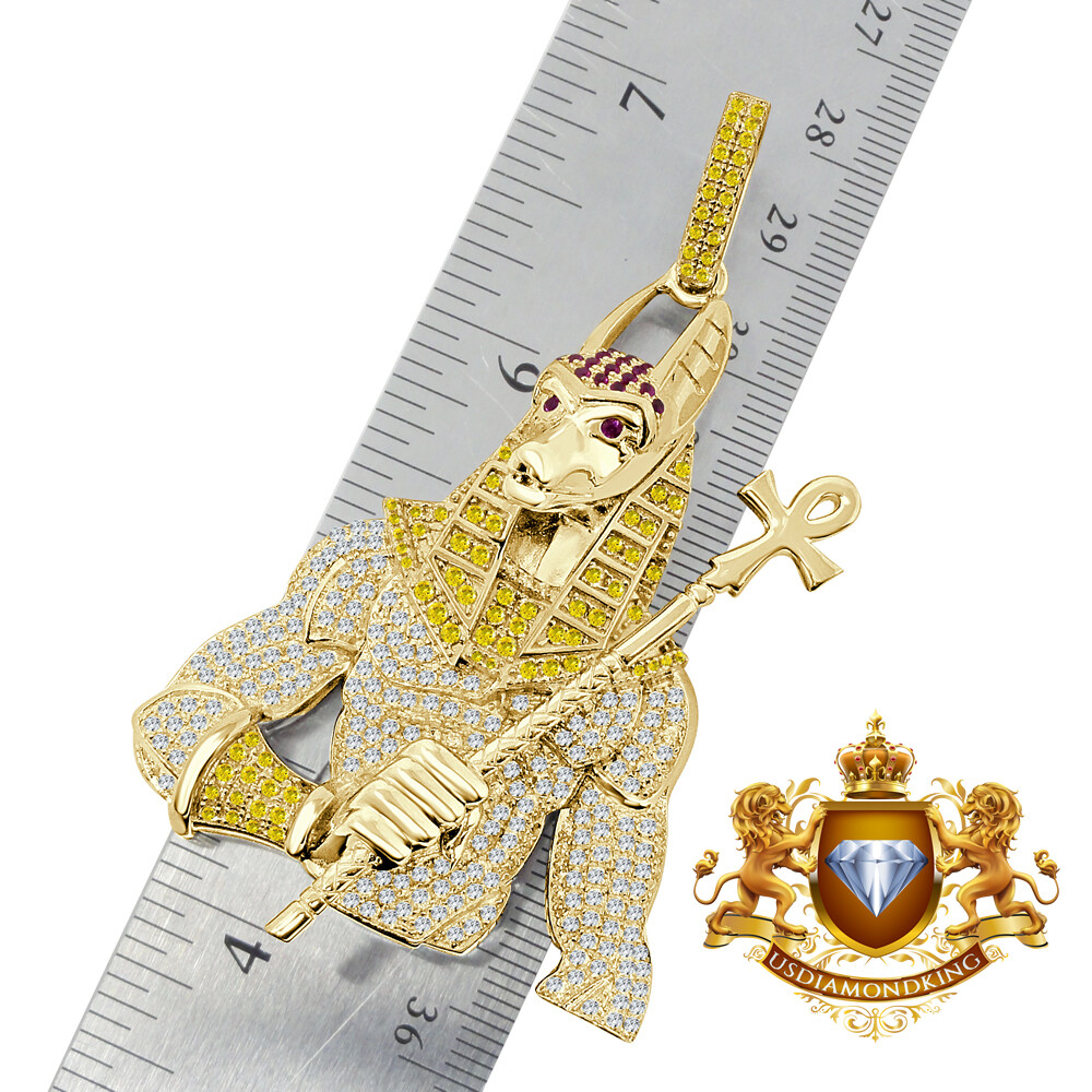 Pre-owned Us Diamond King Xl 3'' Real Silver Egyptian God Anubis Ankh Cross Custom Pendent Pharaoh Charm In Yellow/multi