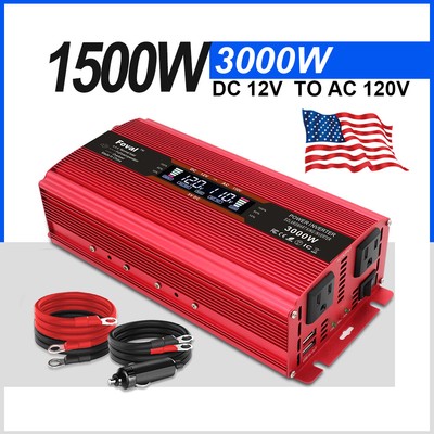 DC 12V to AC 110V Power Inverter 1500W 3000W Converter 2USB LCD Car RV Camping