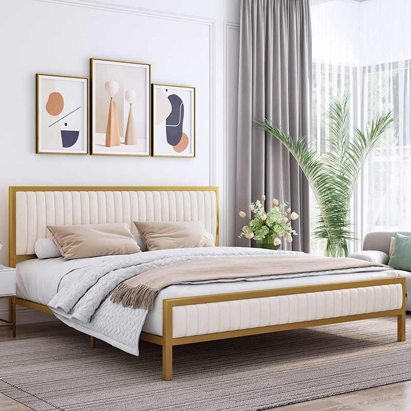 Golden Metal Velvet Tufted Headboard Sleep Room Queen