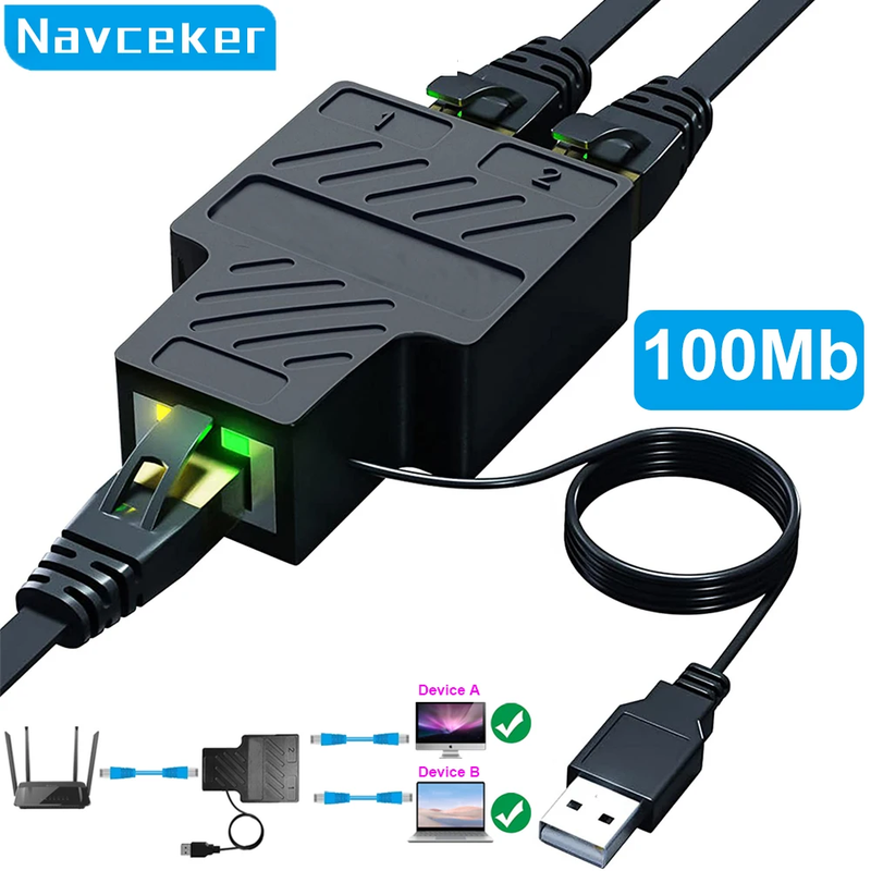 1 Gb RJ45 Splitter 1 to 2 Ethernet Adapter Internet Network Cable Extender RJ45