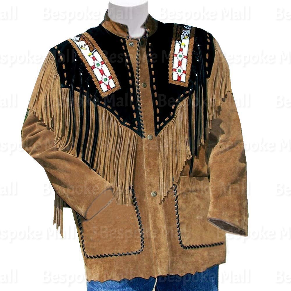 Pre-owned Handmade Men's Brown American Western Suede Leather Jacket Fringes Eagle Beads-56