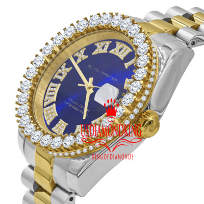 Pre-owned Bling Master 18k 2 Tone Gold Solid Steel Blue Dial Simulated Diamond Presidential Mens Watch