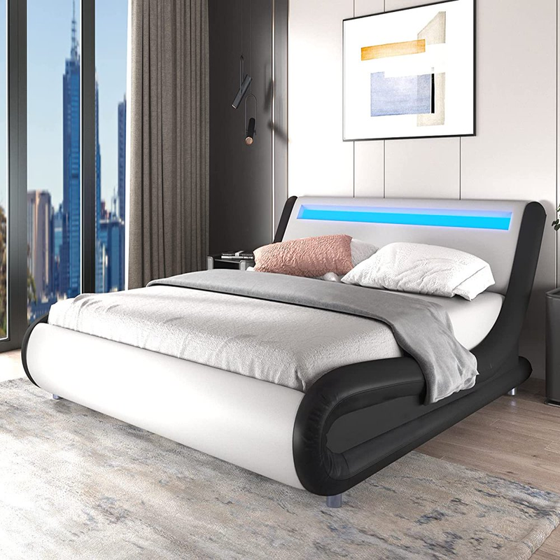 Wave Like Curve Low Profile Upholstered Platform Bed Frame LED Headboard Queen