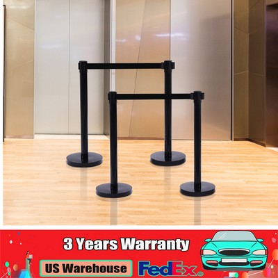 4Pcs Crowd Control Barrier Queue Poles Black Retractable Belt Stanchion Posts 