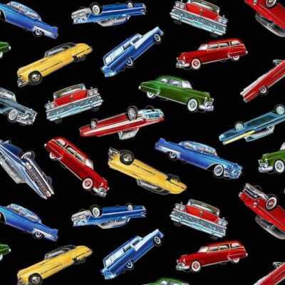  In Motion American Classic Cars Route 66 Collectors Black Cotton Fabric BTY