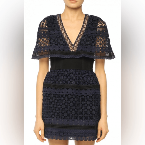 Pre-owned Self-portrait Self Portrait Guipure Cape Lace Dress In Blue In Multicolor