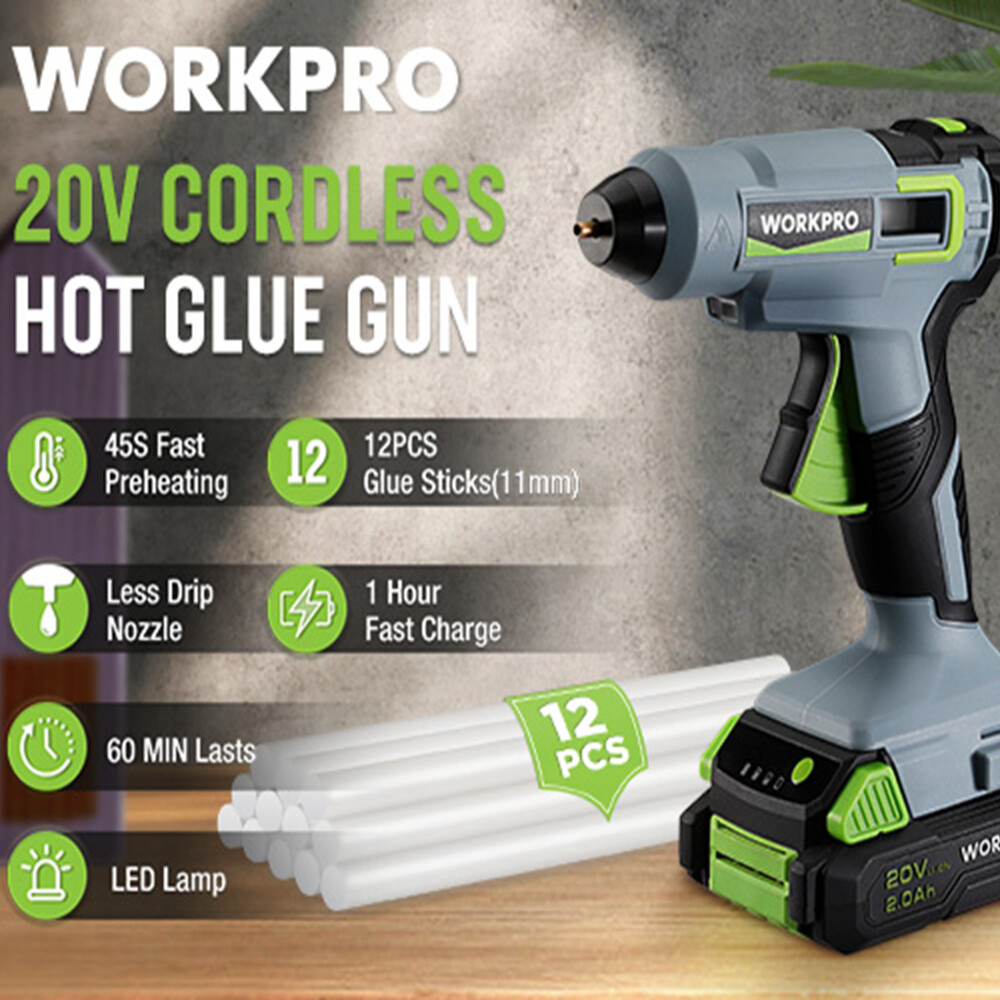WORKPRO Cordless Hot Glue Gun Kit 20V Rechargeable Melt Glue Gun 12PC Glue Stick