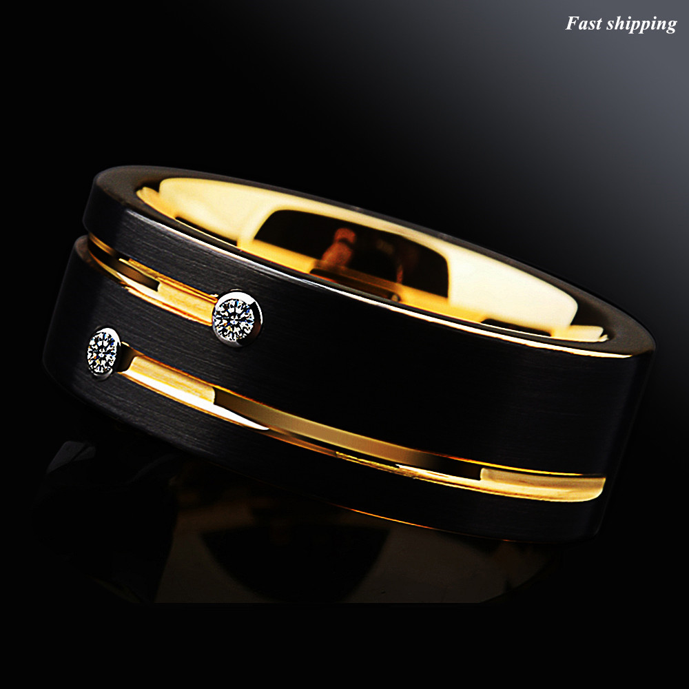 8mm Black Plated Metal Tungsten Ring Gold Grooved Line ATOP Men Wedding Band