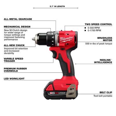 Milwaukee 3692-22CT M18 18V Compact Brushless 2 Tool Drill/Driver Combo Kit