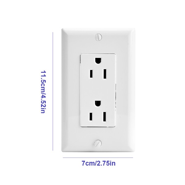 Wall-mounted white electrical outlet with dimensions.