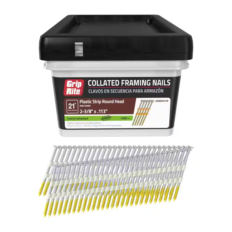 21 Degree Framing Nails 2-3/8 x .113 Ring Shank Galvanized Round Head 1000 Pack