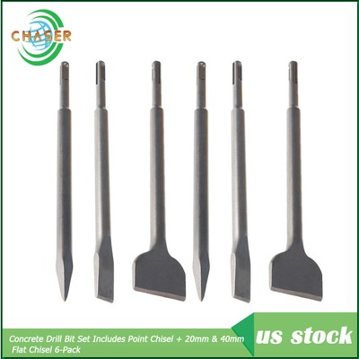 Concrete Drill Bit Set Includes Point Chisel + 20mm & 40mm Flat Chisel 6-Pack
