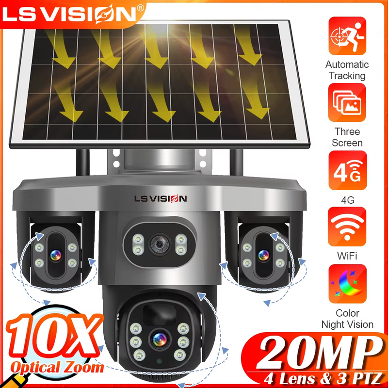 10X Optical Zoom 4G LTE Solar Camera Outdoor Wireless Surveillance Camera 4 Lens
