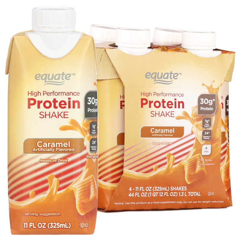 Equate High Performance Protein Shake, Caramel, 44 Oz, 4 Ct