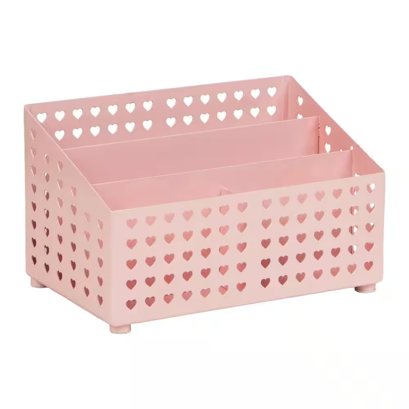Desk Organizer 4 Compartment Metal Pen Pencil Holder Heart Cutout Caddy