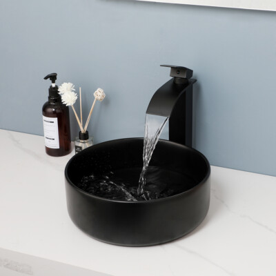 Small Bathroom Ceramic Vessel Sink Black Round Basin Bowl Combo Faucet Drain Set