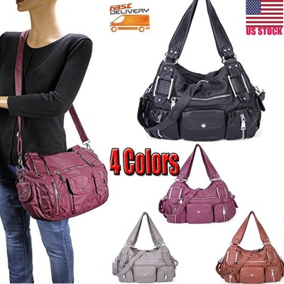Women Ladies Washed Leather Tote Purse Handbag Crossbody Messenger Shoulder Bag